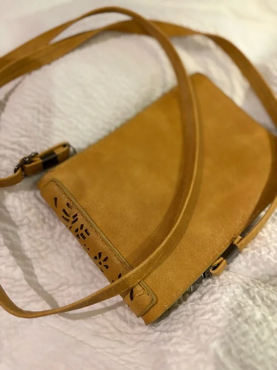 Mustard Yellow Laser-Cut Leather Crossbody Bag - Women - Picture 7 of 12